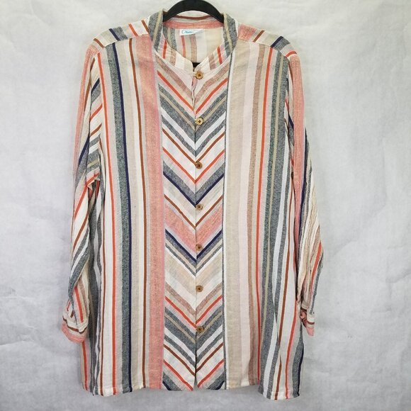 National Linen Tunic L Button Up Camp Shirt Chevron Mandarin Collar Wood Button - Picture 1 of 16